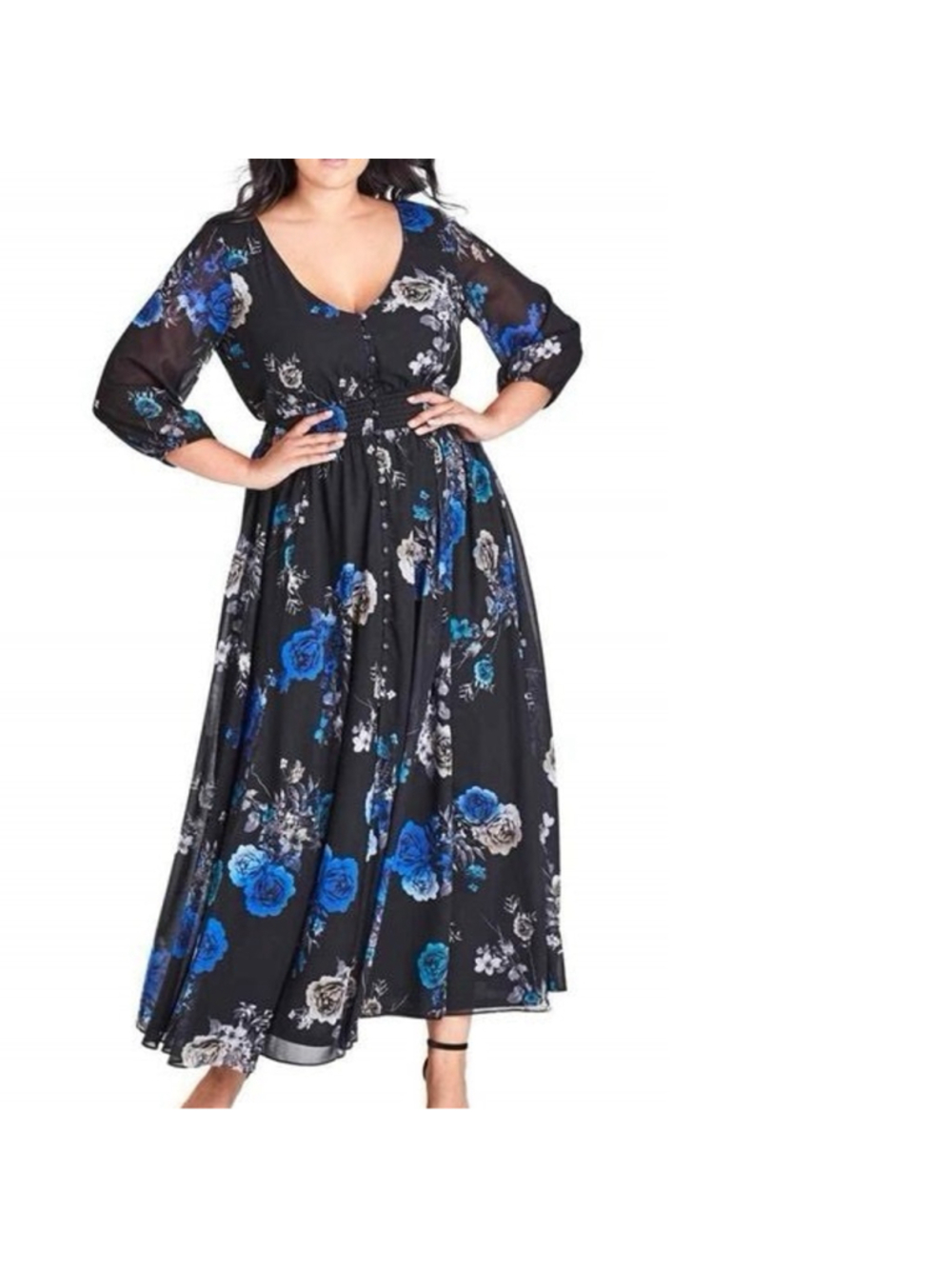 City Chic Blue Floral V Neck Maxi Dress Women’s XXL Stretch Elastic Waist Flowy
